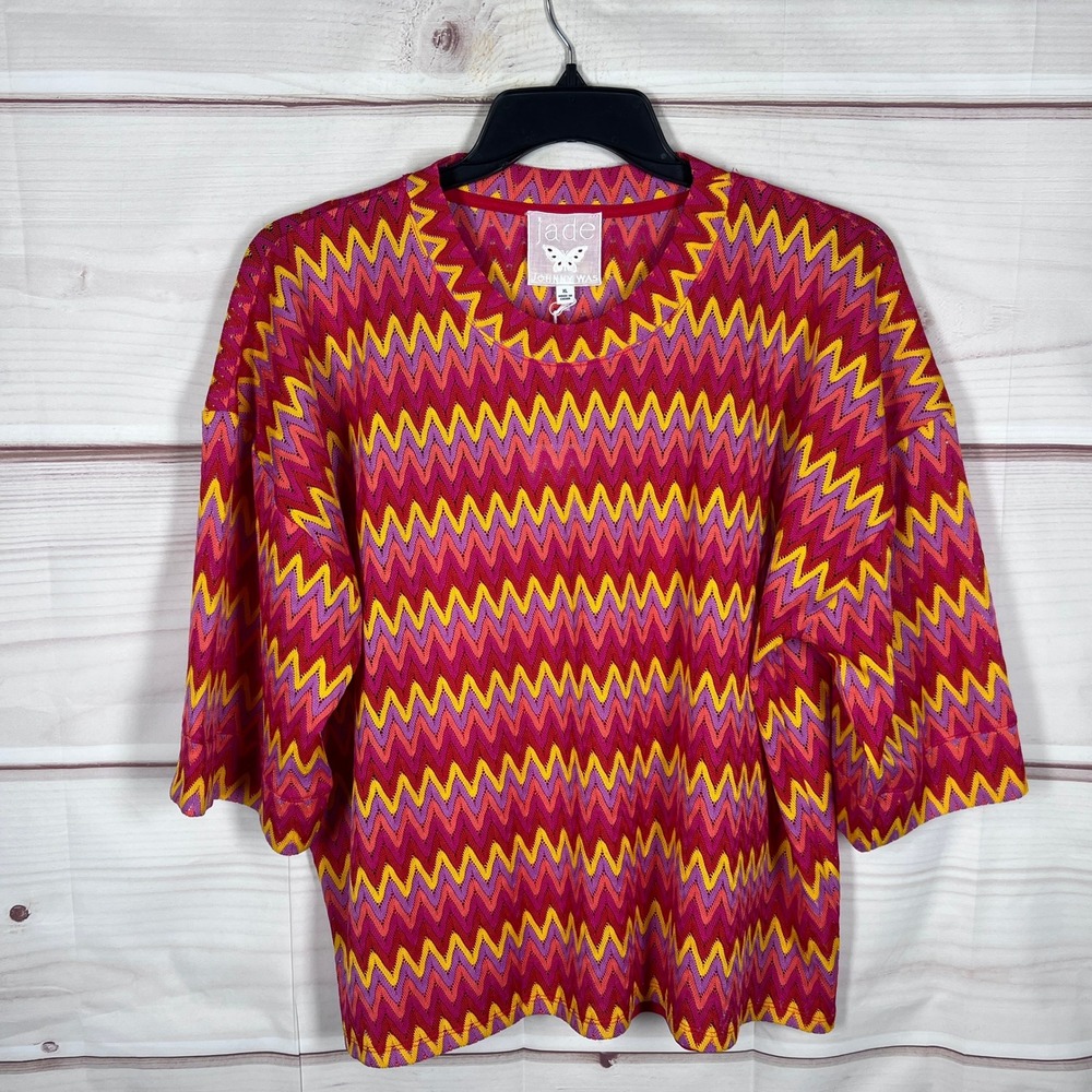 Johnny Was Jade Arden Oversized Blouse Women XL Red Zig Zag Crochet Knit Top